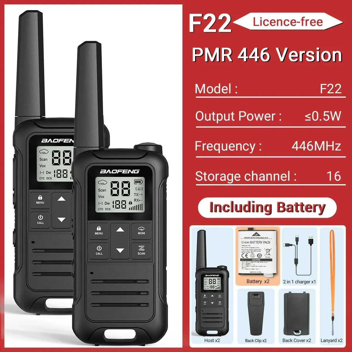 2PCS Baofeng F22 PMR 446MHz Mini Walkie Talkie Waterproof Type-C Licence-free NOAA Flashlight Portable Two Way Radio for Hunting