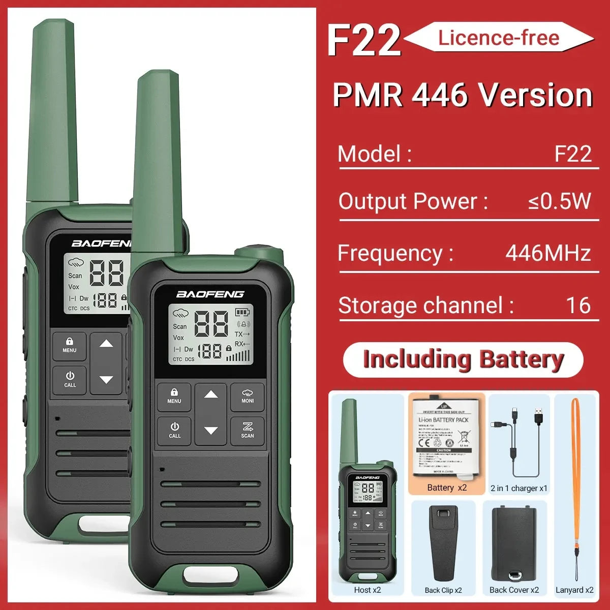 2PCS Baofeng F22 PMR 446MHz Mini Walkie Talkie Waterproof Type-C Licence-free NOAA Flashlight Portable Two Way Radio for Hunting