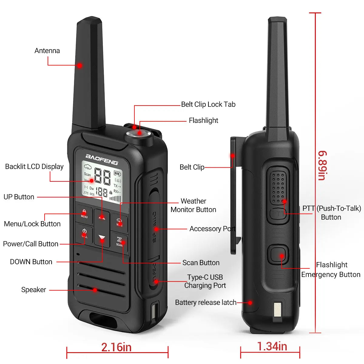 2PCS Baofeng F22 PMR 446MHz Mini Walkie Talkie Waterproof Type-C Licence-free NOAA Flashlight Portable Two Way Radio for Hunting