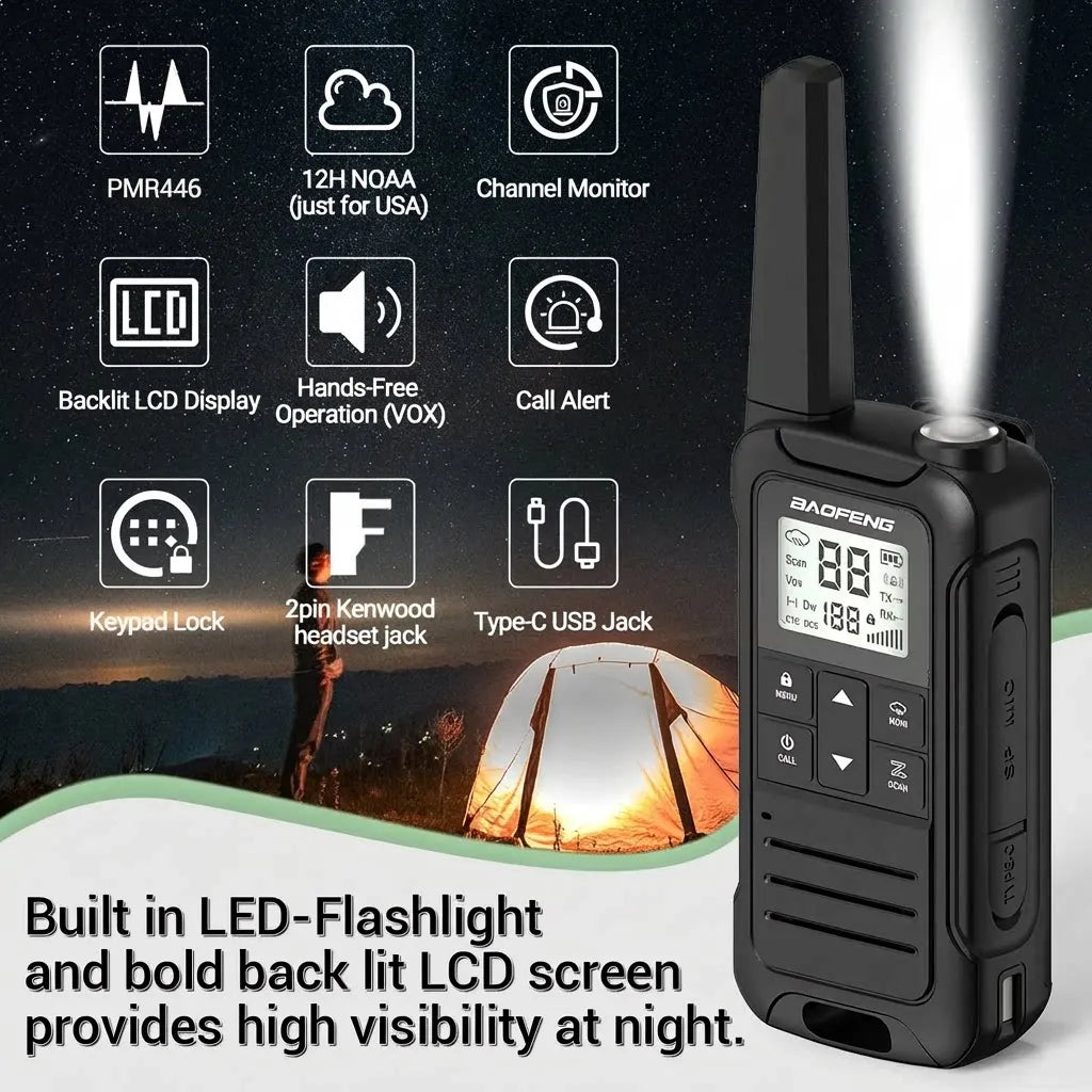 2PCS Baofeng F22 PMR 446MHz Mini Walkie Talkie Waterproof Type-C Licence-free NOAA Flashlight Portable Two Way Radio for Hunting