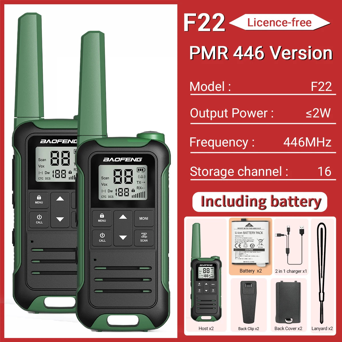 2PCS Baofeng F22 PMR 446MHz Mini Walkie Talkie Waterproof Type-C Licence-free NOAA Flashlight Portable Two Way Radio for Hunting