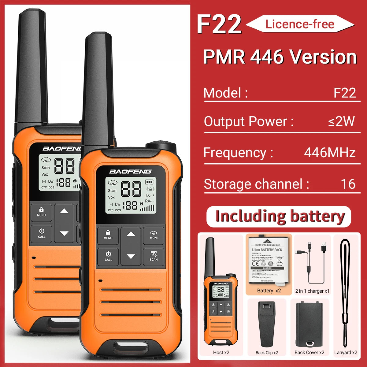 2PCS Baofeng F22 PMR 446MHz Mini Walkie Talkie Waterproof Type-C Licence-free NOAA Flashlight Portable Two Way Radio for Hunting